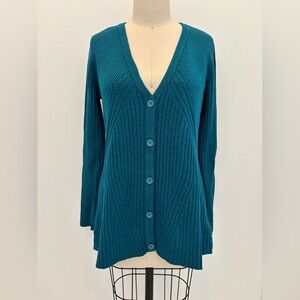 CAbi Teal Cardigan Art Deco Inspired Knit Button-Up V-Neck Tunic M